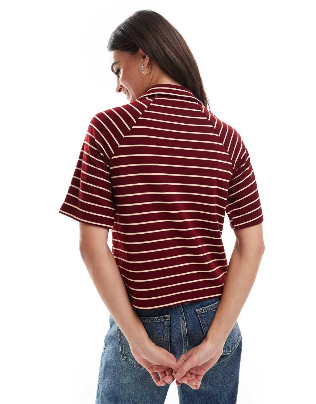 ASOS DESIGN cardigan with collar in burgundy and white stripe Product Image