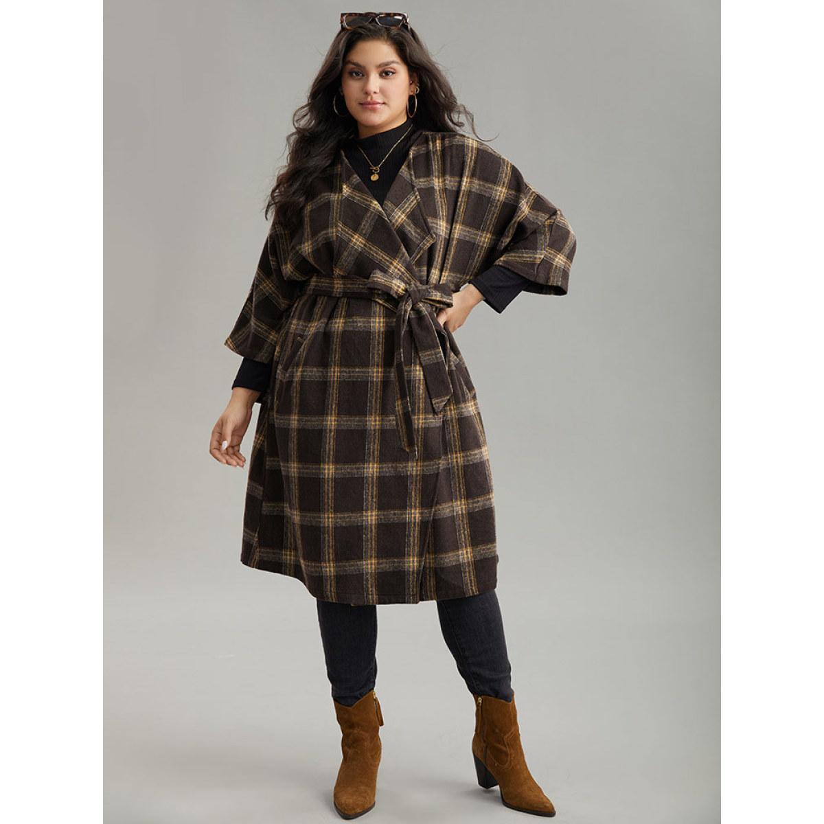 Plus Size Plaid Asymmetrical Neck Dolman Sleeve Belted Coat Women DarkBrown Elegant Belted Ladies Dailywear Winter Coats BloomChic 10/M Product Image
