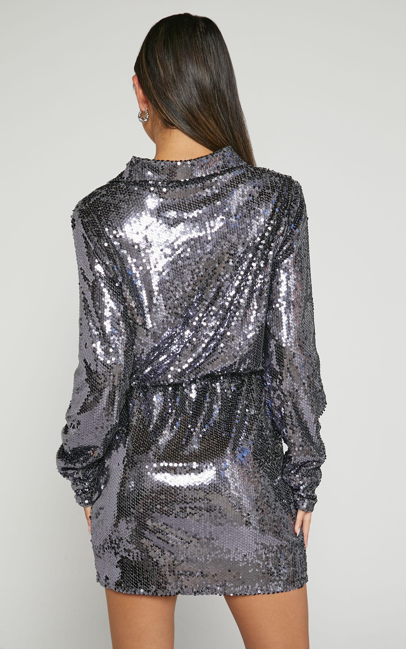 Marija Mini Dress - Sequin Wrap Shirt Dress in Gunmetal Product Image