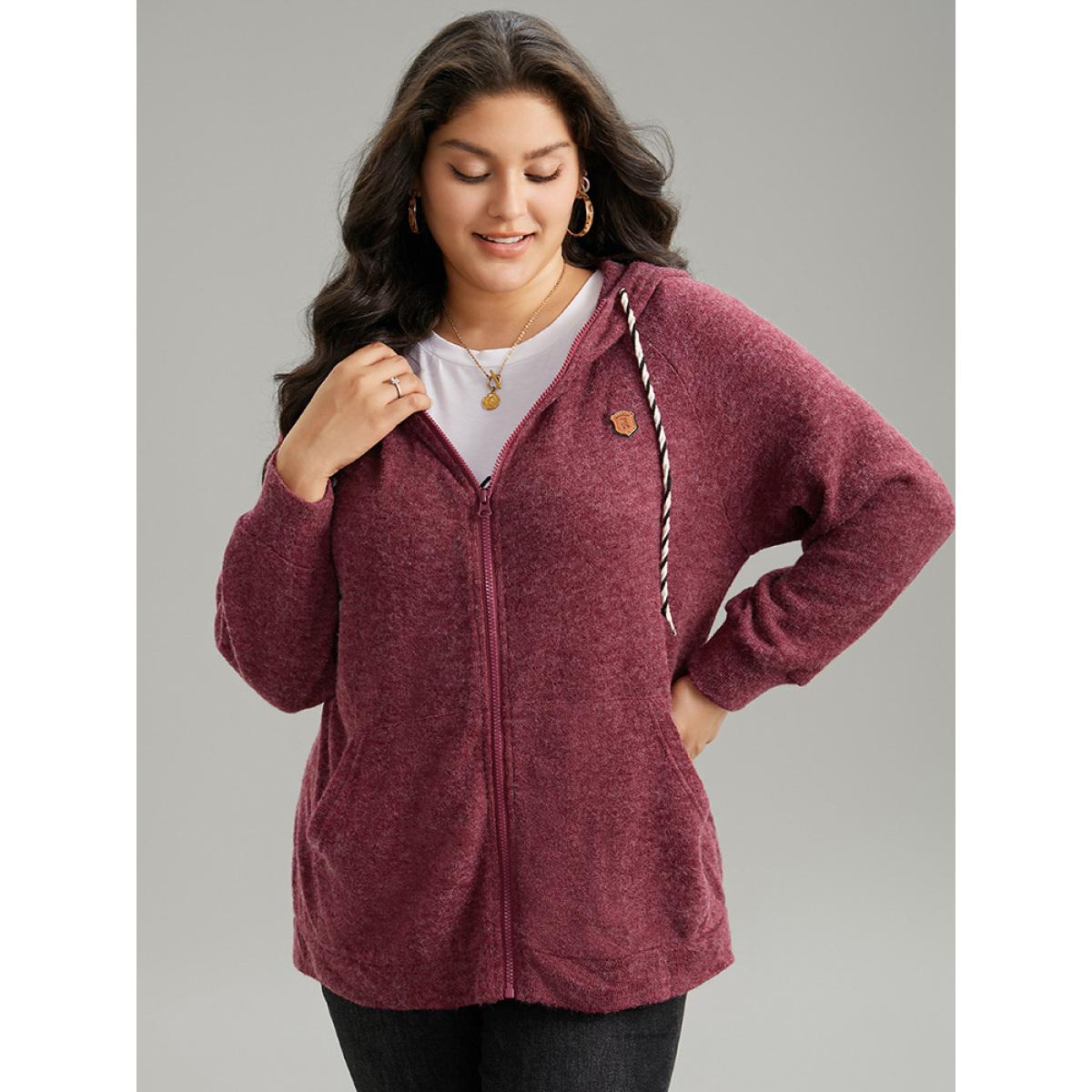 Plus Size Solid Badge Trim Drawstring Zipper Jacket Women Burgundy Zipper Pocket Dailywear Jackets BloomChic 22-24/3X Product Image