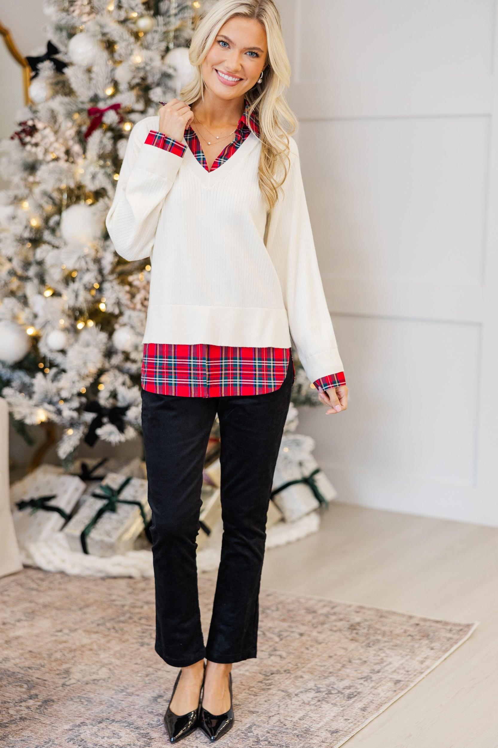 Eyes On You Cream and Plaid Sweater Female Product Image