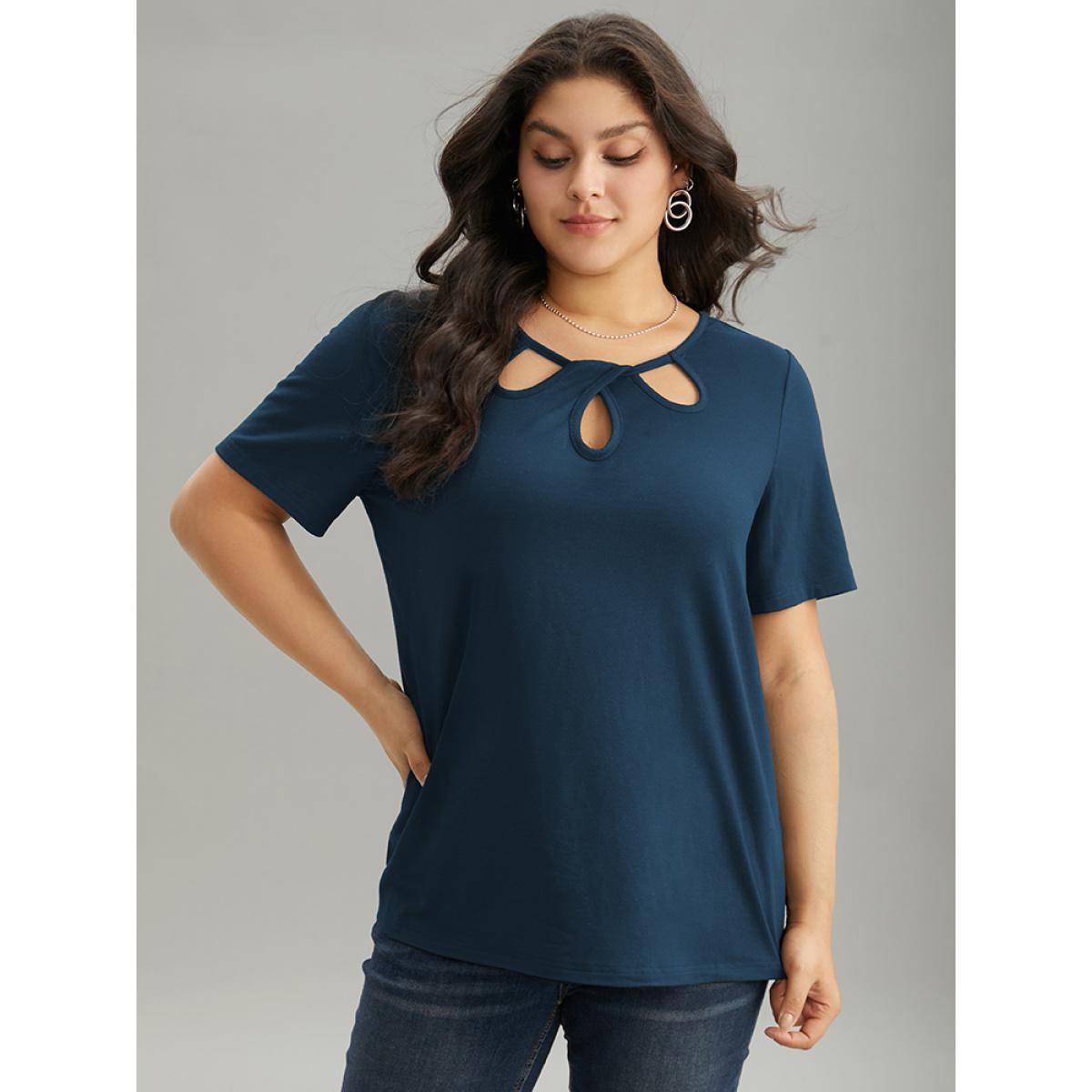 Plus Size Solid Keyhole Cut Out T-shirt Indigo Women Timeless Plain Plain Elegant T-shirts BloomChic 18-20/2X Product Image
