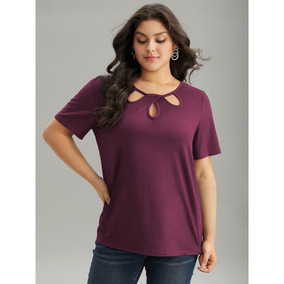 Plus Size Solid Keyhole Cut Out T-shirt RedViolet Women Timeless Plain Plain Elegant T-shirts BloomChic 10/M Product Image