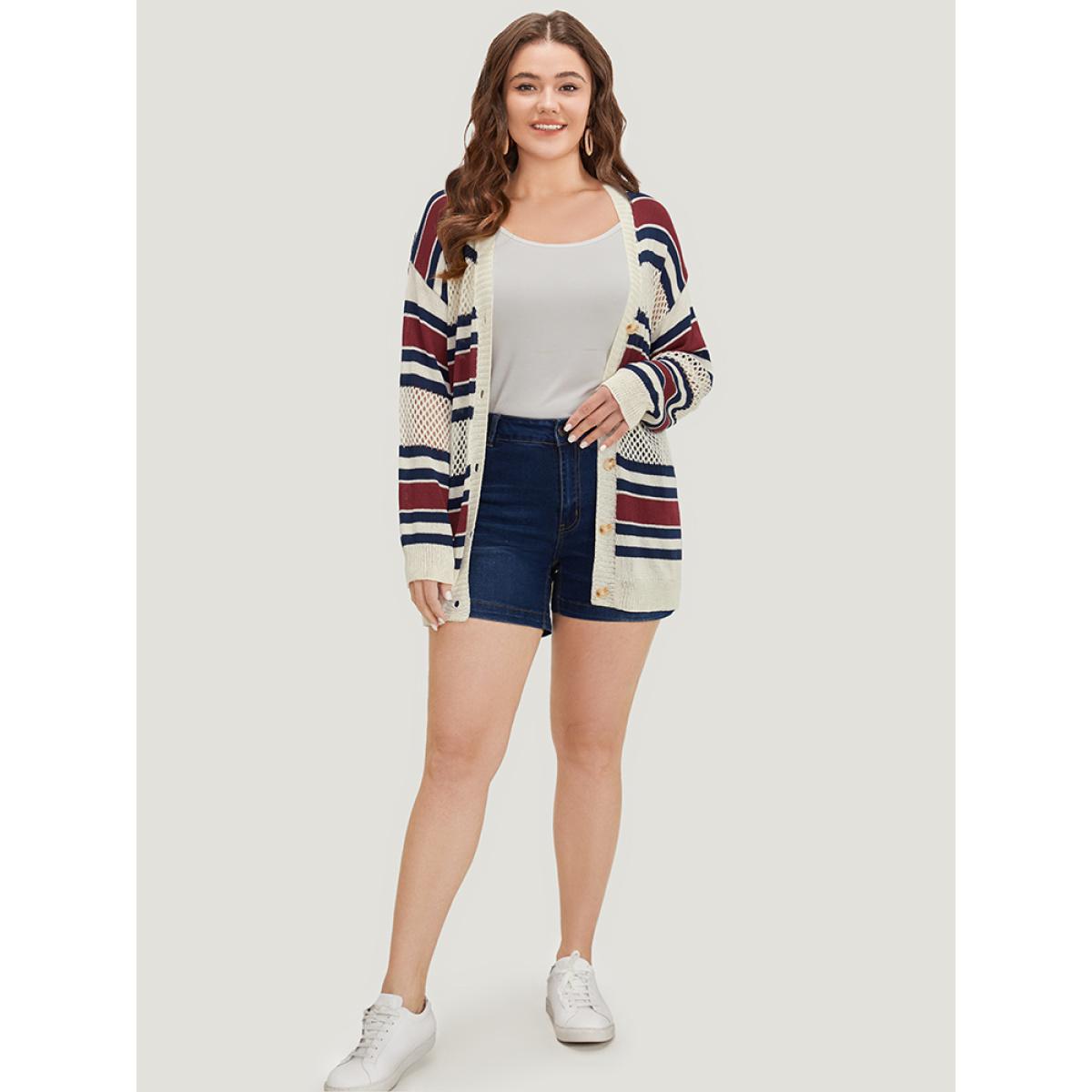 Plus Size Striped Hollow Out Patchwork Button Detail Cardigan Beige Women Casual Loose Long Sleeve Everyday Cardigans BloomChic 14-16/1X Product Image