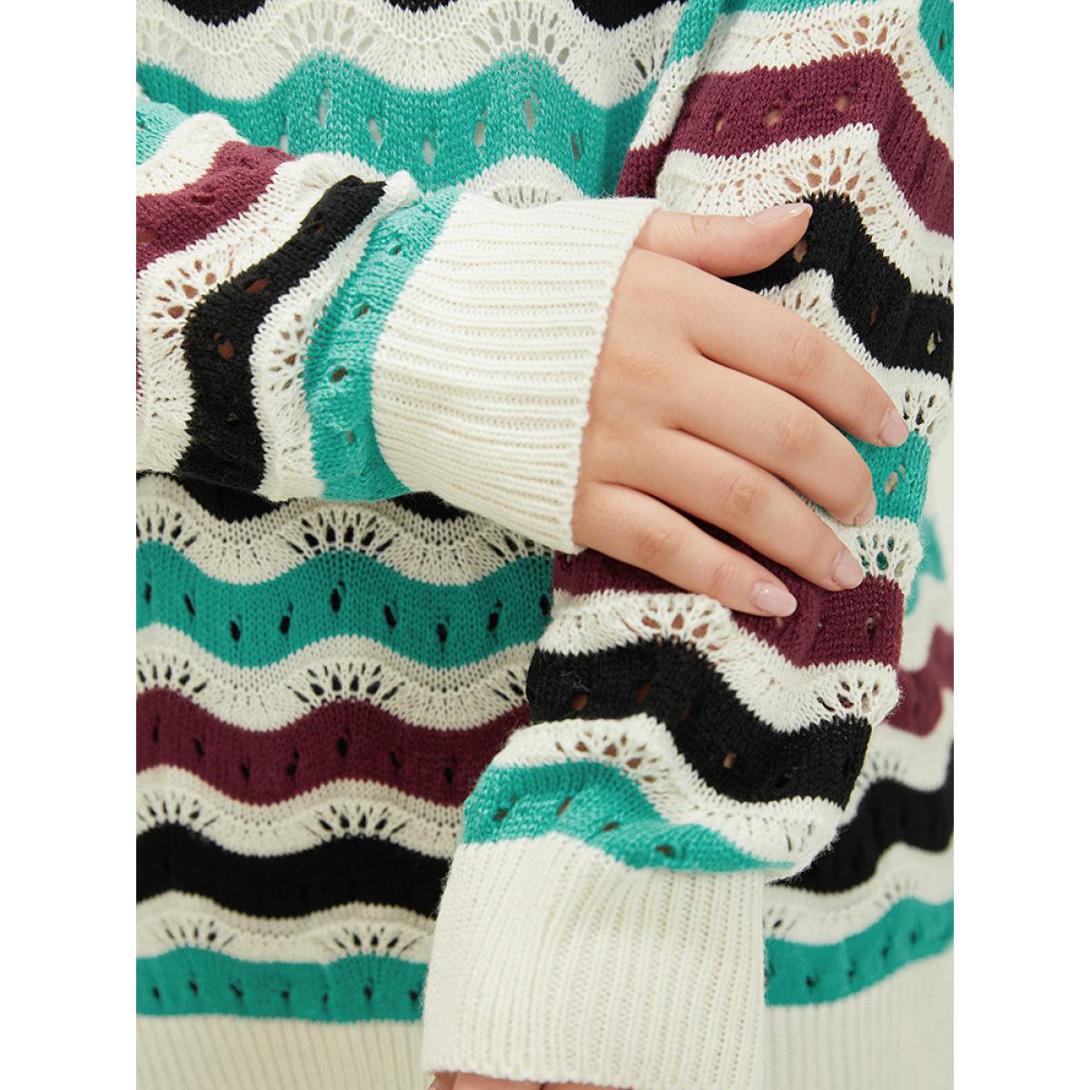 Plus Size Contrast Water Ripple Cut Out Elastic Cuffs Pullover Multicolor Women Casual Loose Long Sleeve Round Neck Dailywear Pullovers BloomChic 12/L Product Image