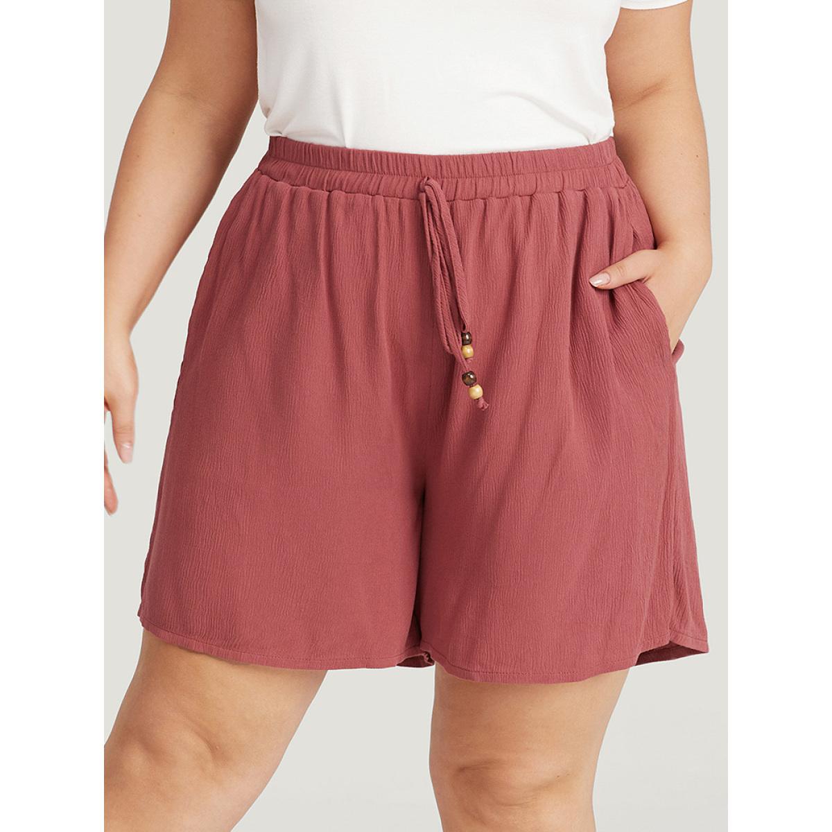 Plus Size Plain Ties Pocket Beaded Detail Shorts Women Rouge Vacation Beaded Dailywear Shorts BloomChic 10/M Product Image
