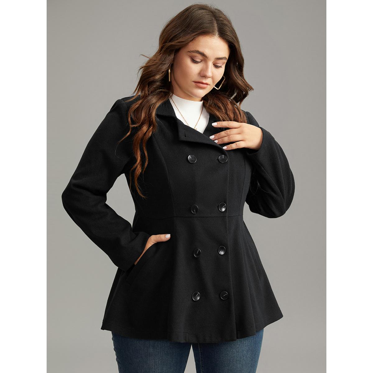 Plus Size Lapel Collar Double Breasted Blazer Black Women Dailywear Plain Plain Sleeve Long Sleeve Lapel Collar 12/L Pocket Casual Blazers BloomChic Product Image