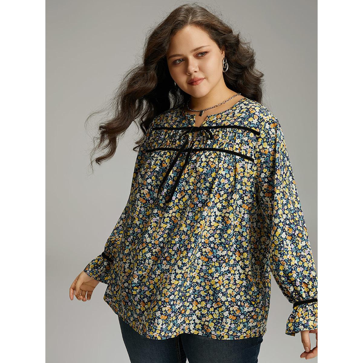 Plus Size Indigo Ditsy Floral Ties Contrast Trim Blouse Women Elegant Long Sleeve Tie Neck Dailywear Blouses BloomChic 30/6X Product Image