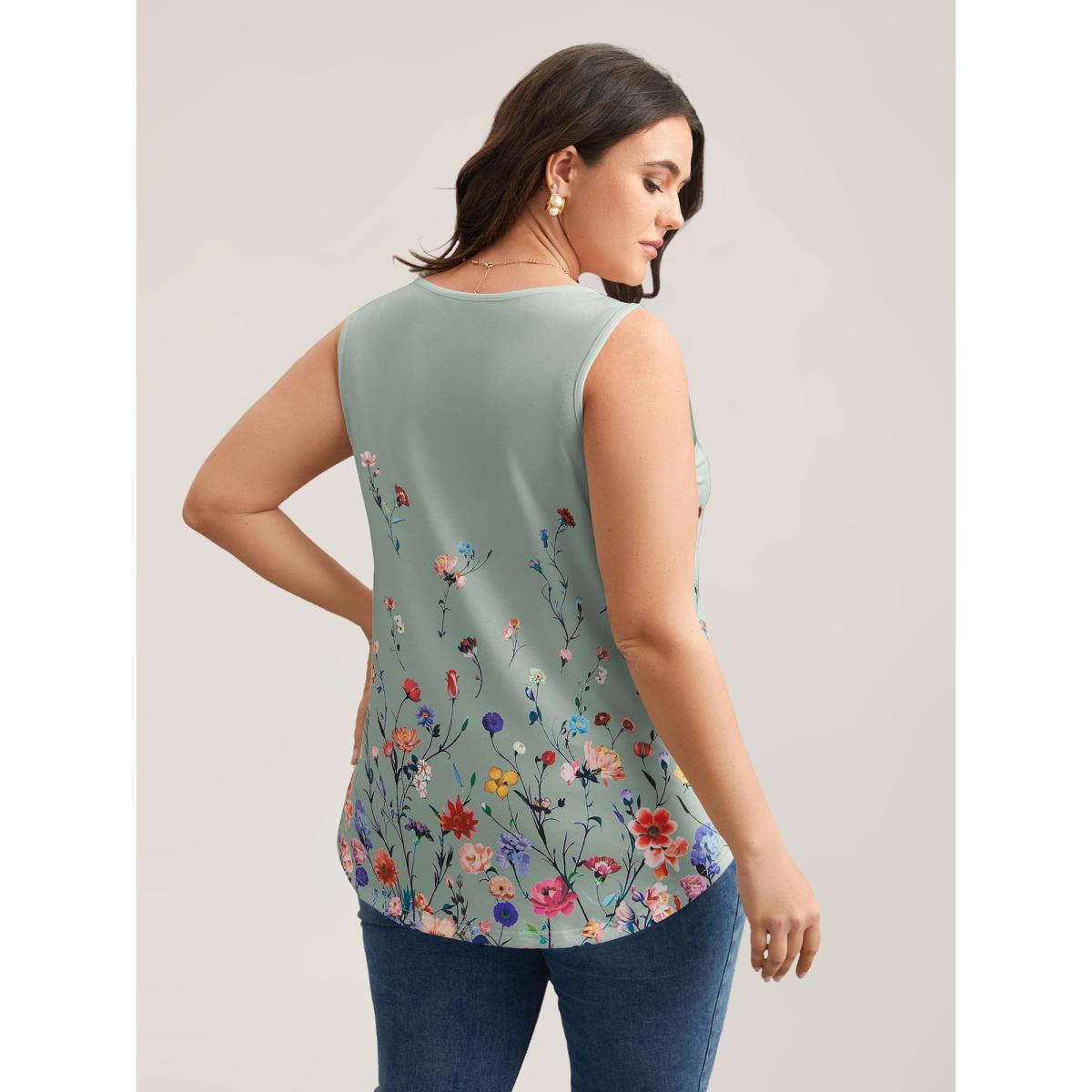 Plus Size Blooming Flowers Print Stretchy Vest Women SlateGray Timeless Non V-neck Elegant Tank Tops Camis BloomChic 14-16/1X Product Image