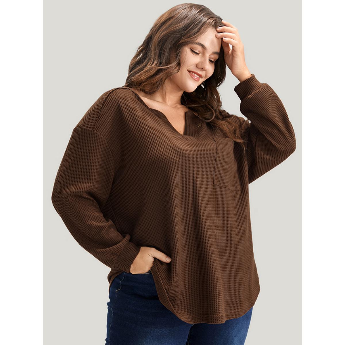 Plus Size Solid Pocket Notched Waffle Knit Sweatshirt Women DarkBrown Elegant Pocket V-neck Dailywear Sweatshirts BloomChic 30/6X Product Image
