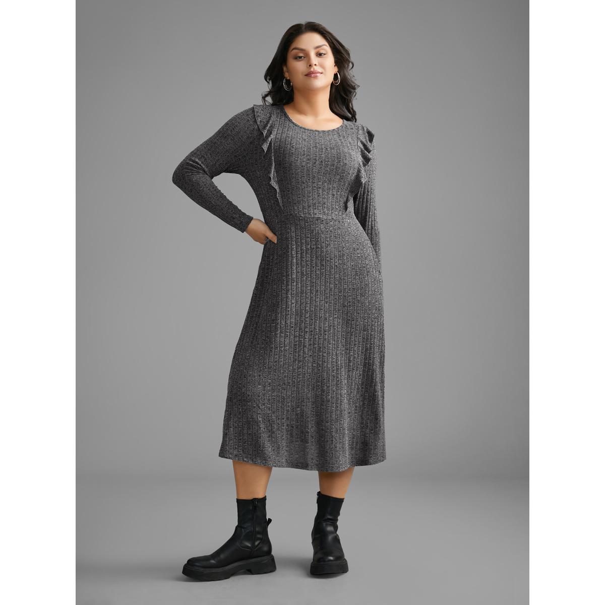 Plus Size Crew Neck Ruffle Trim Knit Dress DarkGray Women Casual Texture Knit Dresses Bloomchic 26/4X Product Image