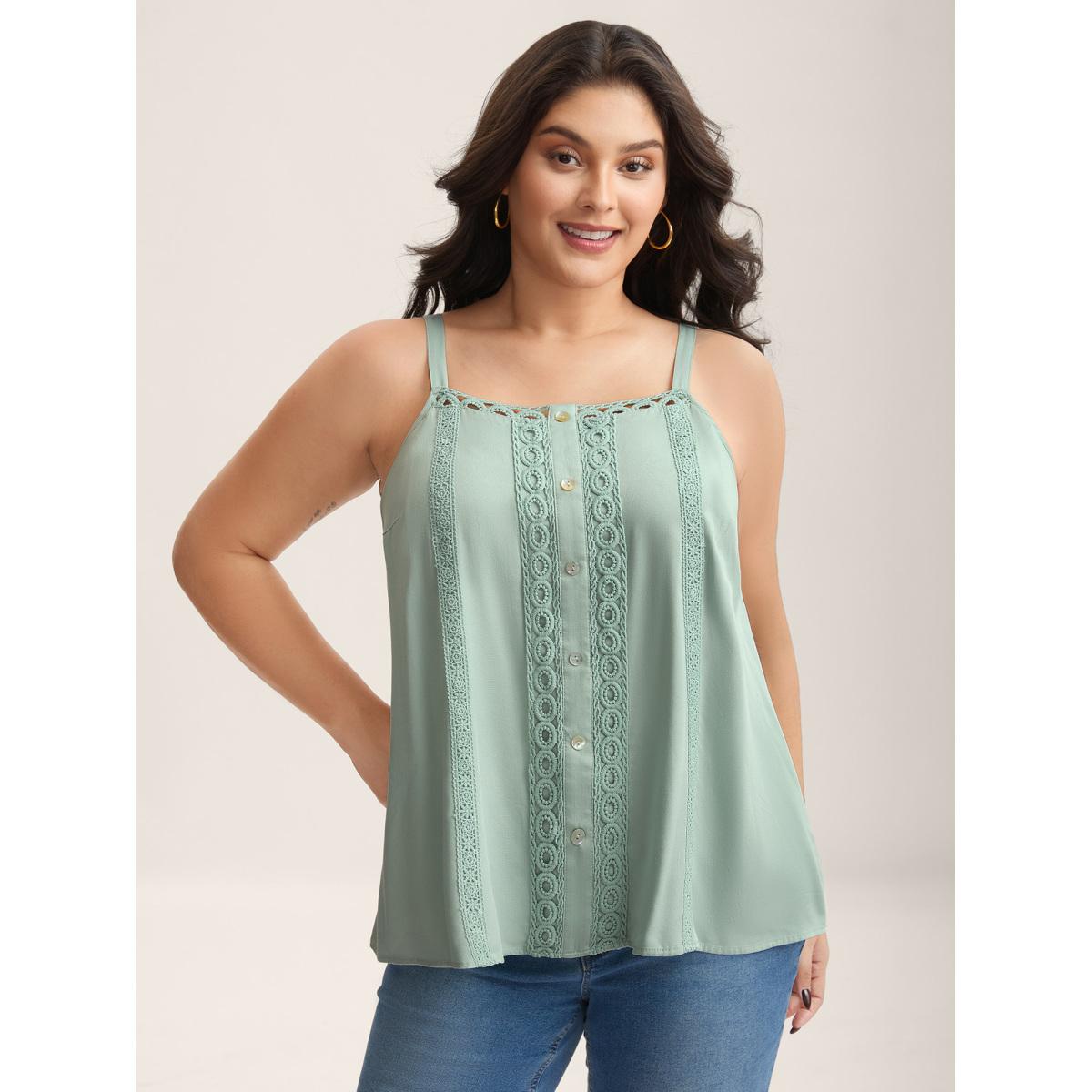 Plus Size Rayon Lace Trim Adjustable Straps Tank Top Women Greenbean Woven ribbon&lace trim Non Everyday-Elegant Tank Tops Camis BloomChic 26/4X Product Image