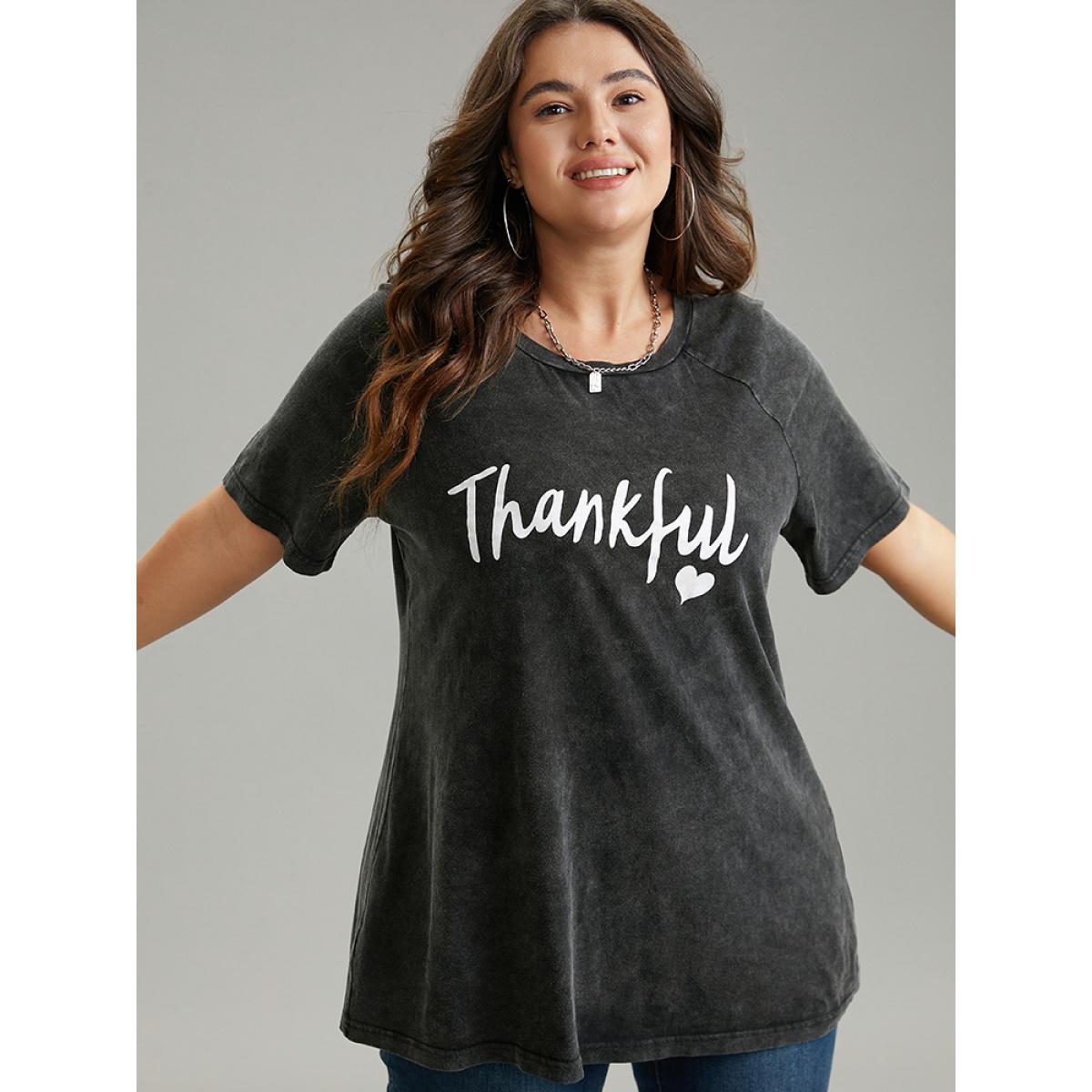 Plus Size Vintage Letter Print Round Neck Raglan Sleeve T-shirt Black Women Casual Printed Positive slogan Festival-Christmas T-shirts BloomChic 12/L Product Image