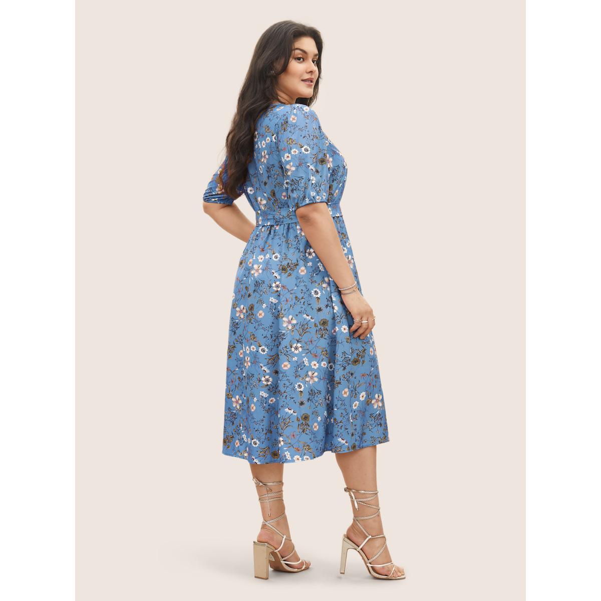 Plus Size Ditsy Floral Belted Lantern Sleeve Button Up Dress Cerulean Women Elegant Non V-neck Short sleeve Curvy Midi Dress BloomChic 30/6X Product Image