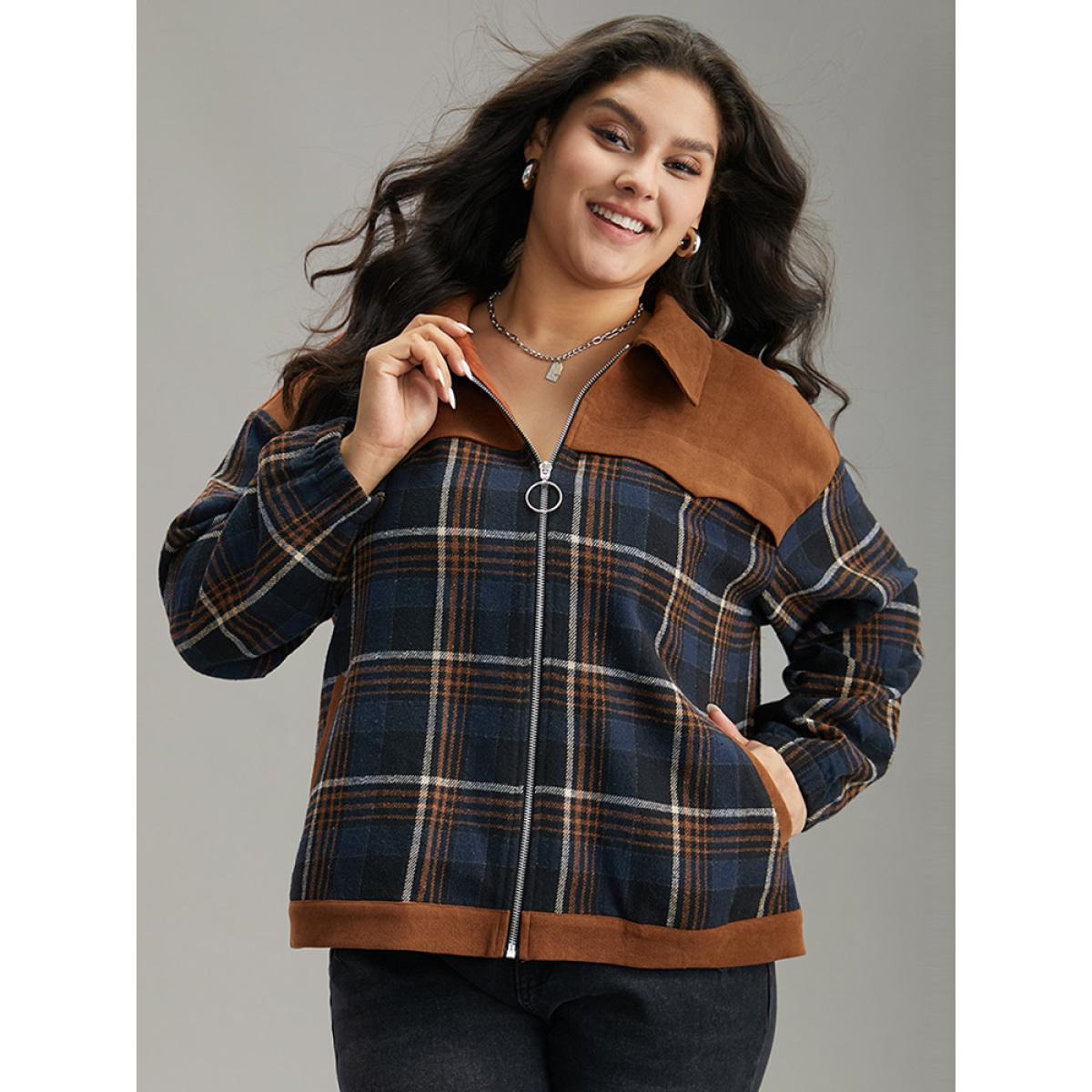 Plus Size Plaid Patchwork Pocket Lapel Collar Zipper Fly Jacket Women Multicolor Contrast Pocket Dailywear Jackets BloomChic 10/M Product Image