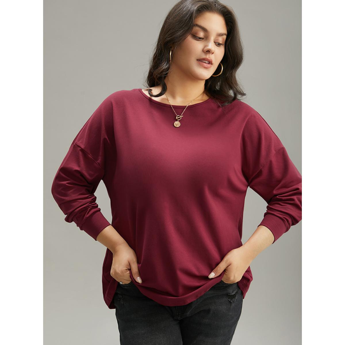 Plus Size Plain Guipure Lace Crisscross Cut Out Sweatshirt Women Burgundy Elegant Elastic cuffs Round Neck Dailywear Sweatshirts BloomChic 10/M Product Image