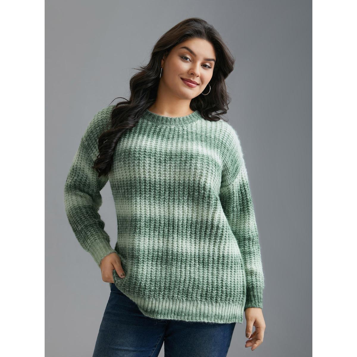 Plus Size Striped Ribbed Knit Drop Shoulder Pullover Moss Women Casual Loose Long Sleeve Round Neck Everyday Pullovers BloomChic 14-16/1X Product Image