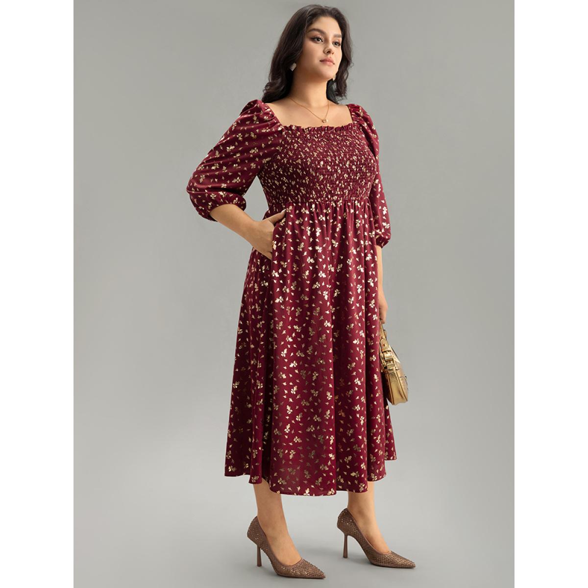 Plus Size Glitter Square Neck Shirred Split Front Frill Trim Dress Scarlet Women Party Elastic cuffs Square Neck Elbow-length sleeve Curvy Midi Dress BloomChic 14-16/1X Product Image