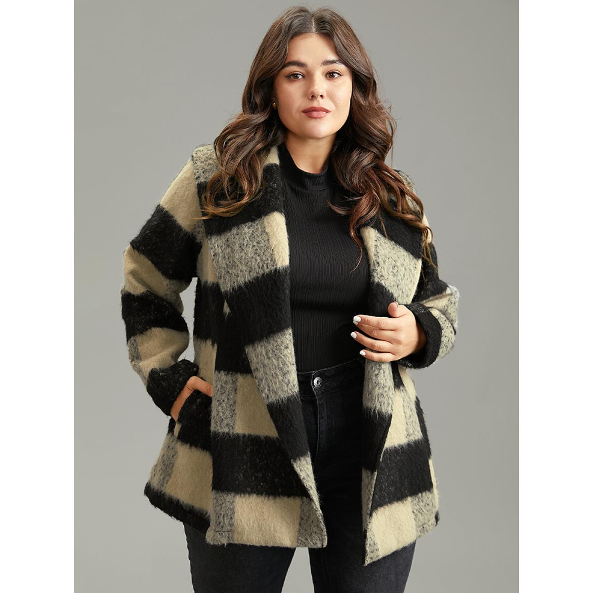 Plus Size Plaid PU Leather Belted Lapel Collar Coat Women Black Casual Lined Ladies Dailywear Winter Coats BloomChic 18-20/2X Product Image