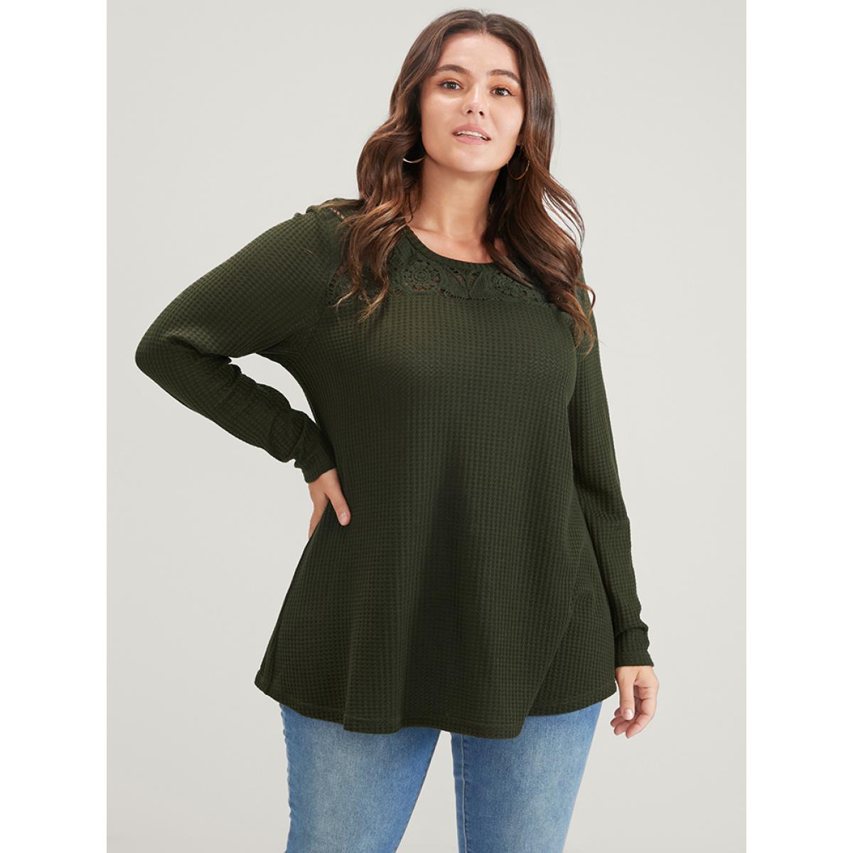 Plus Size Solid Crochet Lace Waffle Knit Sweatshirt Women ArmyGreen Elegant Patchwork Round Neck Dailywear Sweatshirts BloomChic 26/4X Product Image