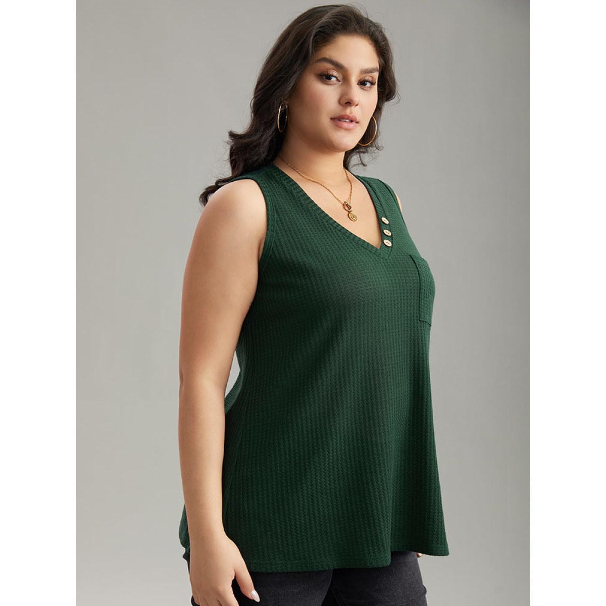 Plus Size Waffle Knit V Neck Button Detail Cami Top Women Green Casual Waffle Knit V-neck Dailywear Tank Tops Camis BloomChic 10/M Product Image
