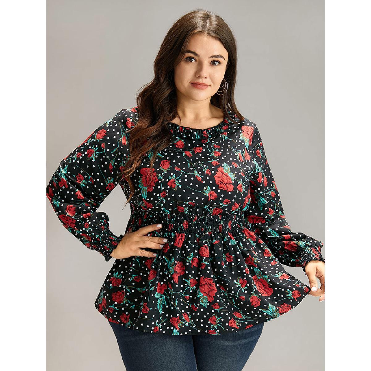 Plus Size BlackFlower Rose Print Shirred Frill Trim Lantern Sleeve Blouse Women Elegant Long Sleeve Round Neck Dailywear Blouses BloomChic 10/M Product Image