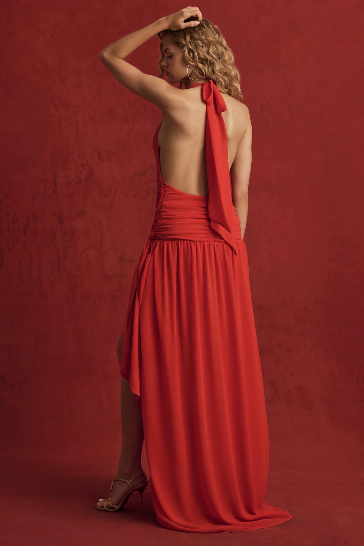 Asymmetric Halterneck Maxi Dress in Chilli Red Product Image