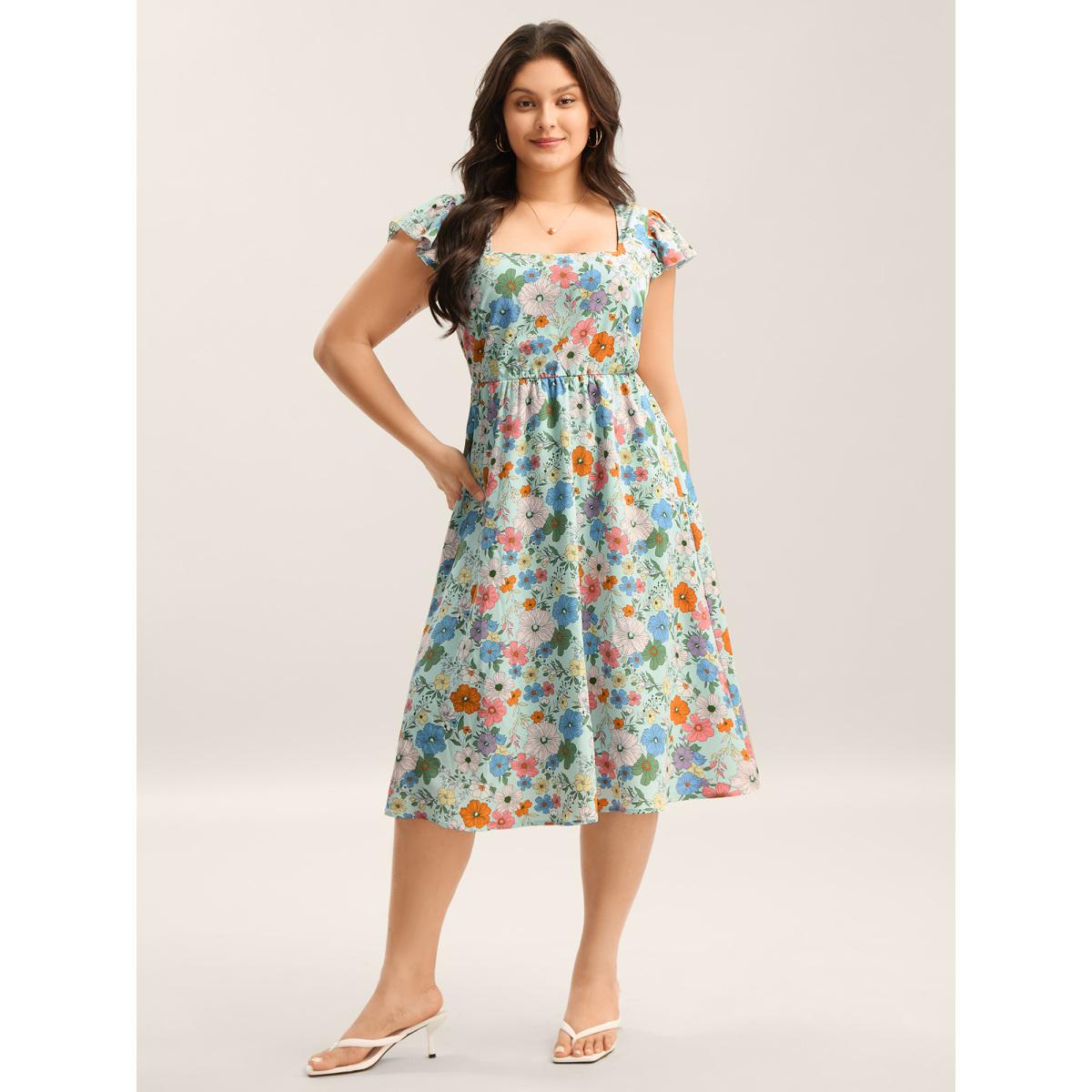 Plus Size Floral Print Flutter Sleeve Pockets Midi Dress LightBlue Women Timeless Square Neck Cap Sleeve Curvy BloomChic 30/6X Product Image