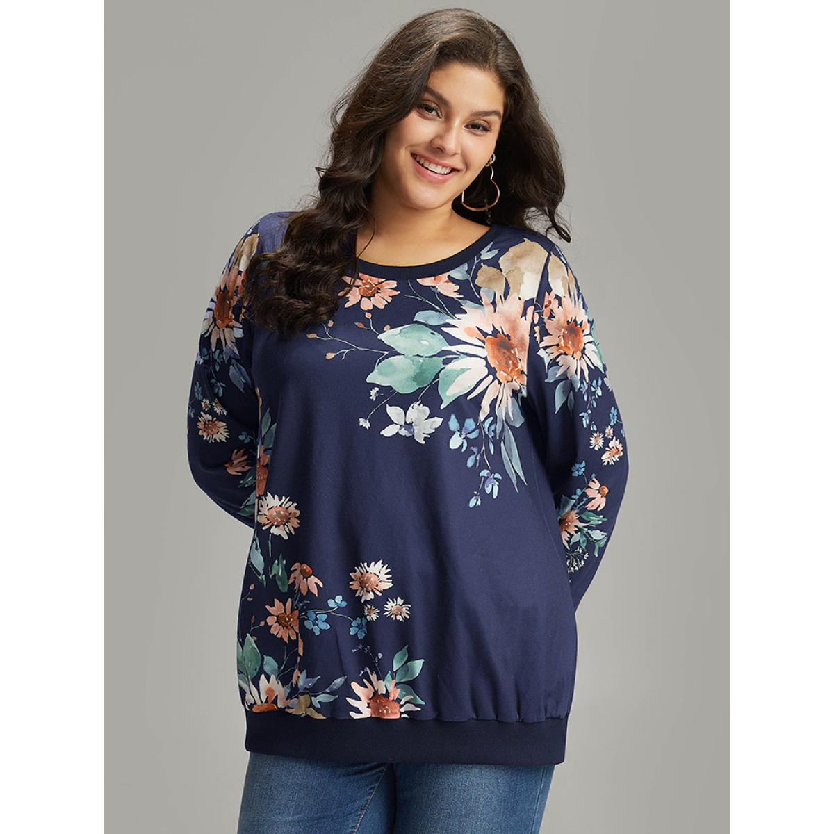 Plus Size Floral Print Round Neck Sweatshirt Women Indigo Casual Elastic cuffs Round Neck Dailywear Sweatshirts BloomChic 28/5X Product Image