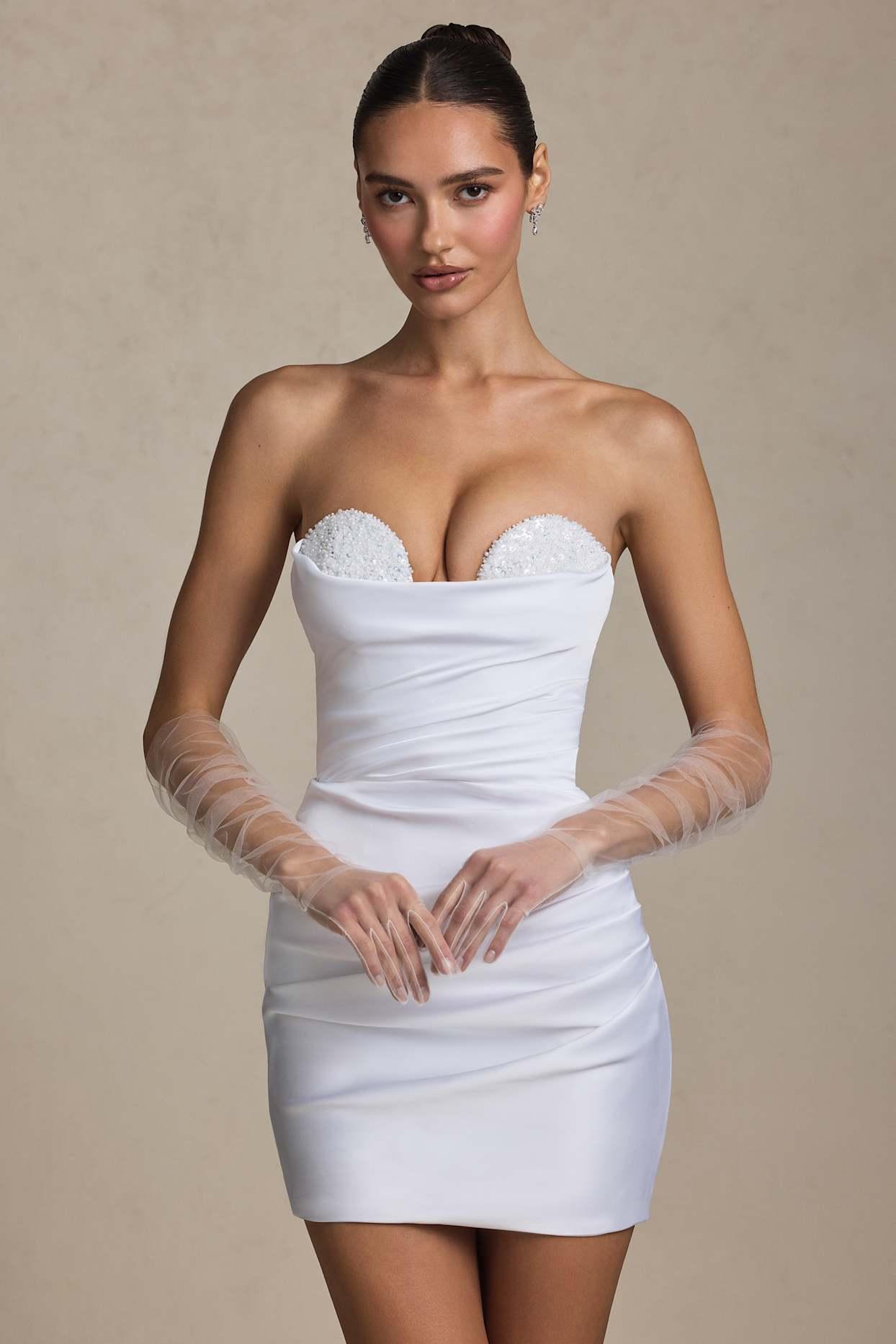 Ruched Corset Mini Dress in White Product Image