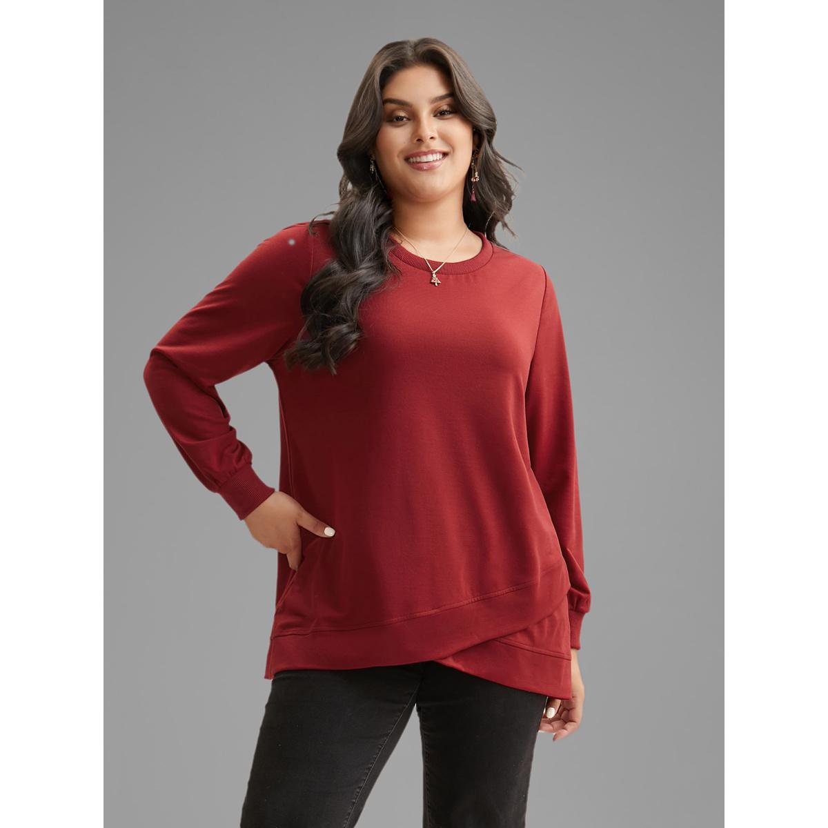 Plus Size Overlapping Hem Round Neck Sweatshirt Women Burgundy Casual Overlapping Round Neck Everyday Sweatshirts BloomChic 30/6X Product Image