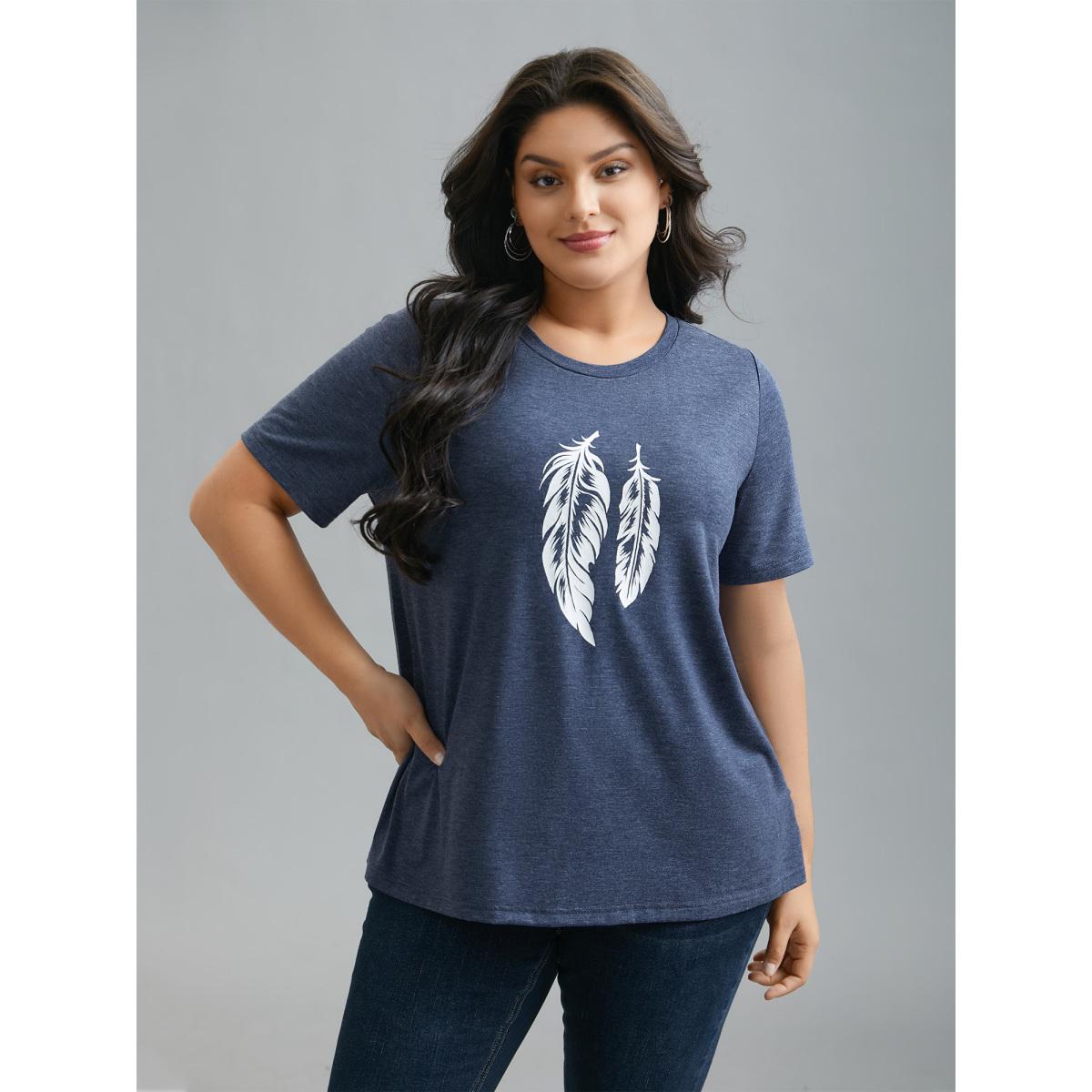 Plus Size Round Neck Feather Pattern T-Shirt Indigo Women Casual Non Art&design Round Neck Everyday T-shirts BloomChic 30/6X Product Image
