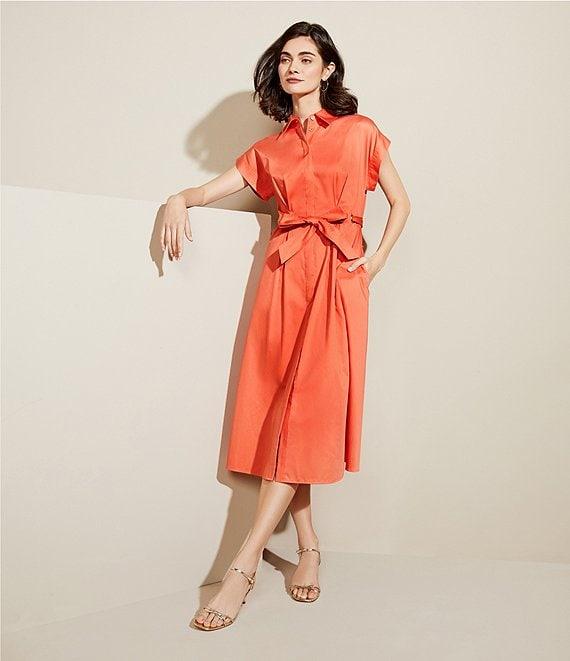 Donna Karan Cotton Sateen Collared Neck Short Sleeve Tie Sash Belt Midi Shirt Dress Product Image