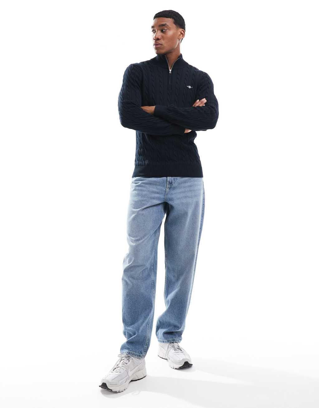 GANT cotton cable knit half zip sweater with logo in navy Product Image