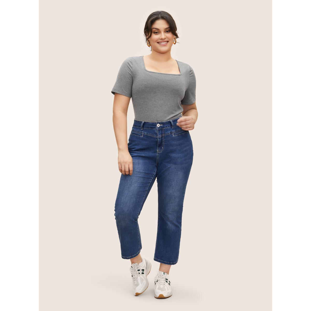 Plus Size Supersoft Essentials Solid Square Neck Knit T-shirt DimGray Women Basics Non Square Neck Bodycon Everyday T-shirts BloomChic 30/6X Product Image