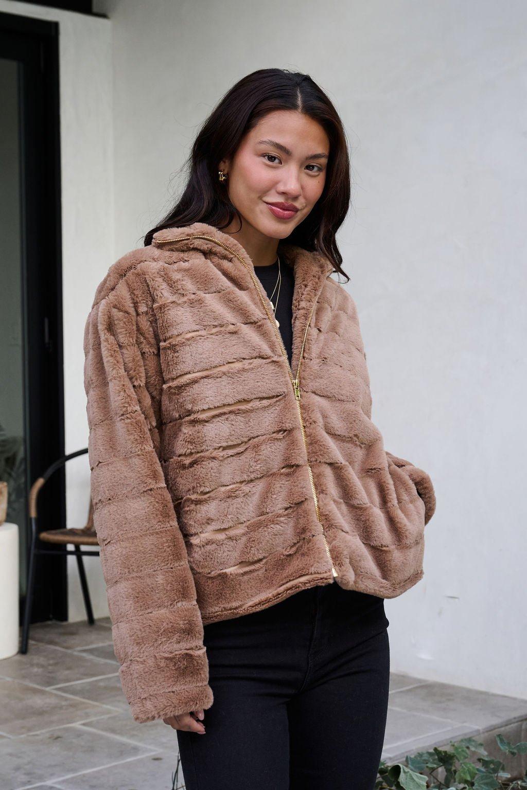 Brown Faux Fur Zip Collared Jacket Product Image