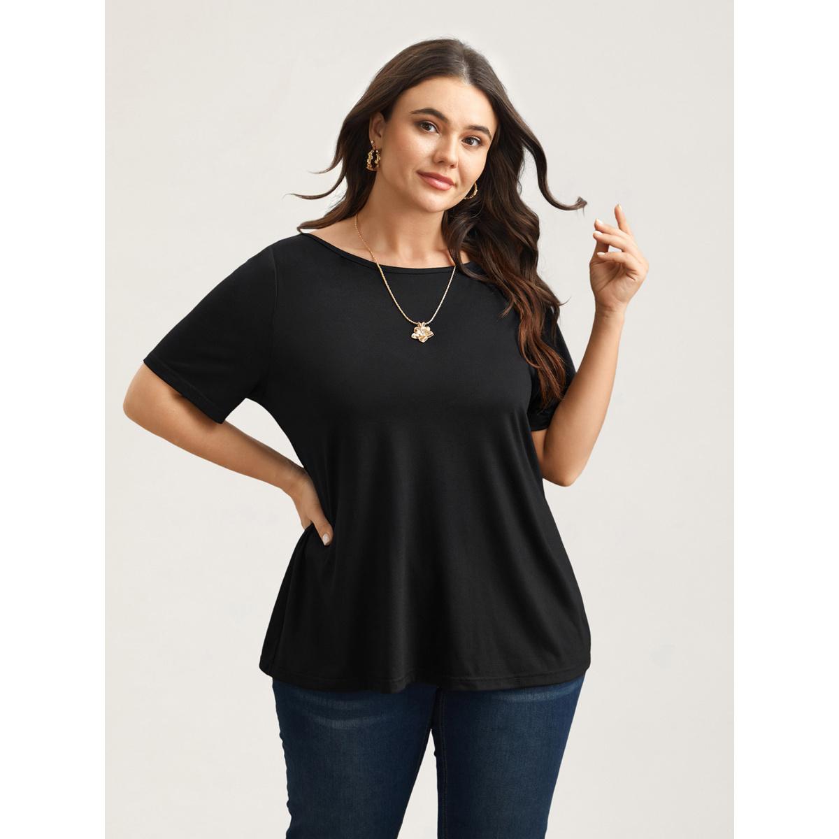 Plus Size Butterfly Back Stretchy Round Neck T-Shirt Black Women Leisure See through Round Neck Casual T-shirts BloomChic 10/M Product Image