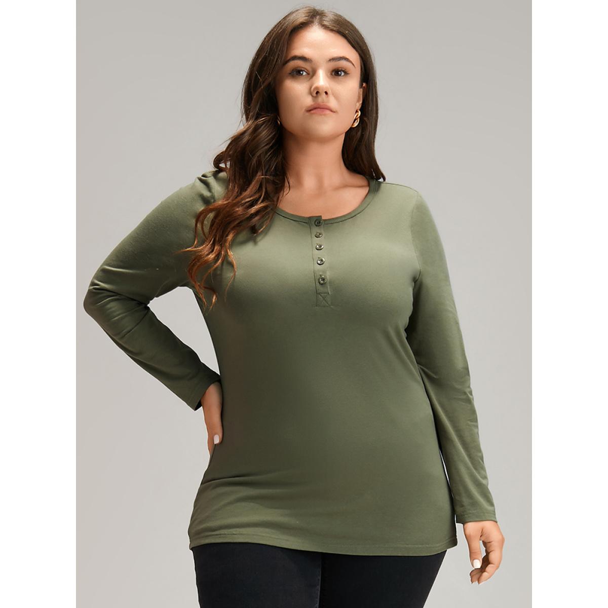 Plus Size Cotton Solid Button Down T-shirt ArmyGreen Women Elegant Plain Plain Round Neck Dailywear T-shirts BloomChic 18-20/2X Product Image