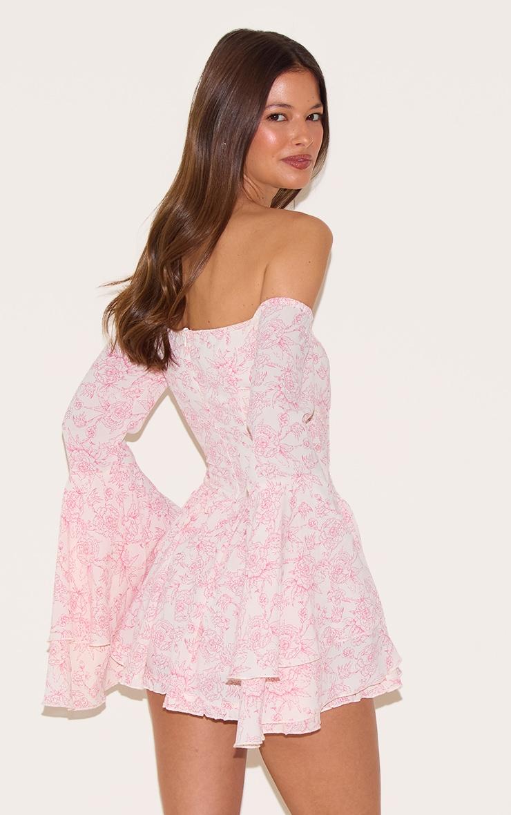 Pink Ditsy Print Bardot Flare Sleeve Romper Product Image