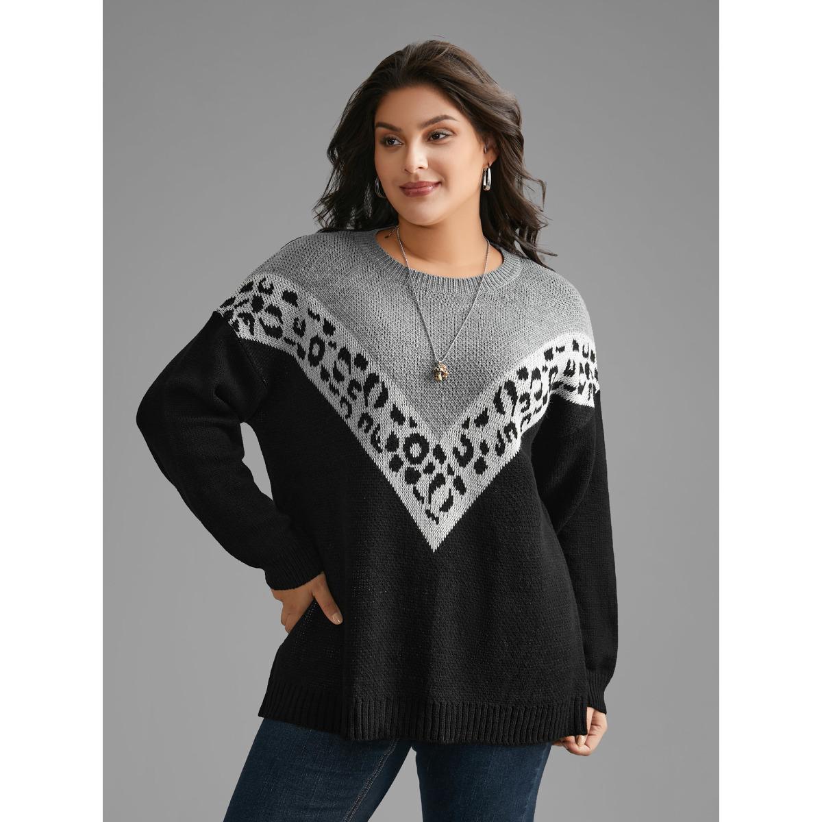 Plus Size Leopard Print Contrast Patchwork Pullover Black Women Casual Loose Long Sleeve Round Neck Everyday Pullovers BloomChic 18-20/2X Product Image