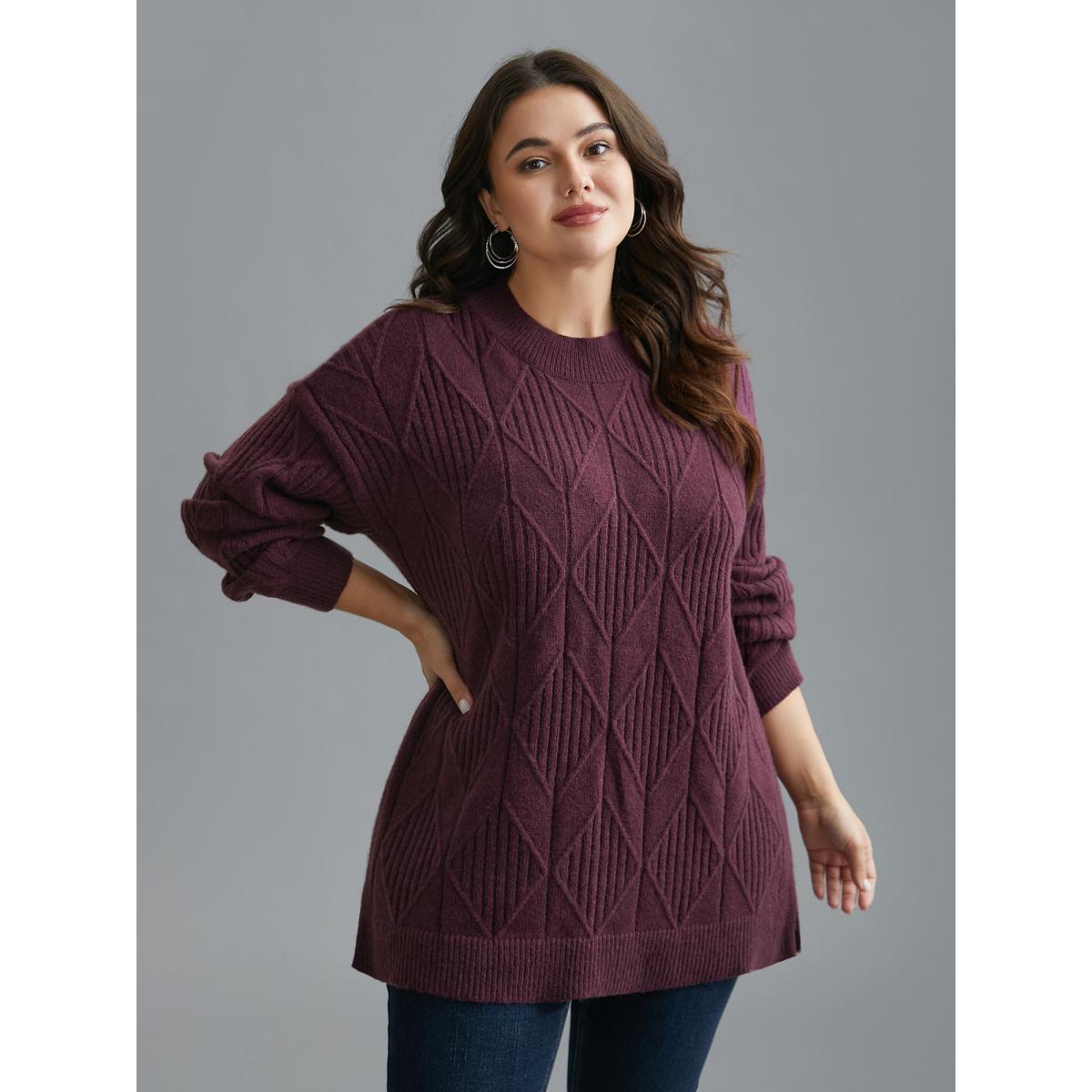 Plus Size Cable Knit Turtleneck Split Hem Pullover Plum Women Casual Loose Long Sleeve Turtleneck Everyday Pullovers BloomChic 12/L Product Image