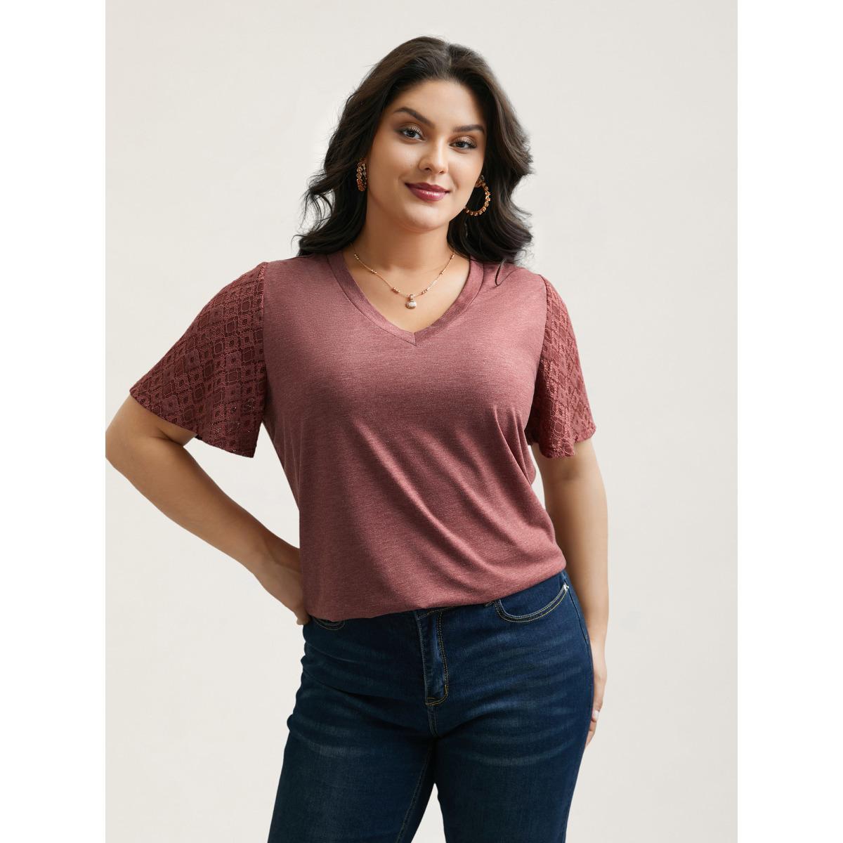 Plus Size Stretchy Flared Lace Sleeves T-Shirt Russet Women Elegant Patchwork V-neck Everyday T-shirts BloomChic 18-20/2X Product Image