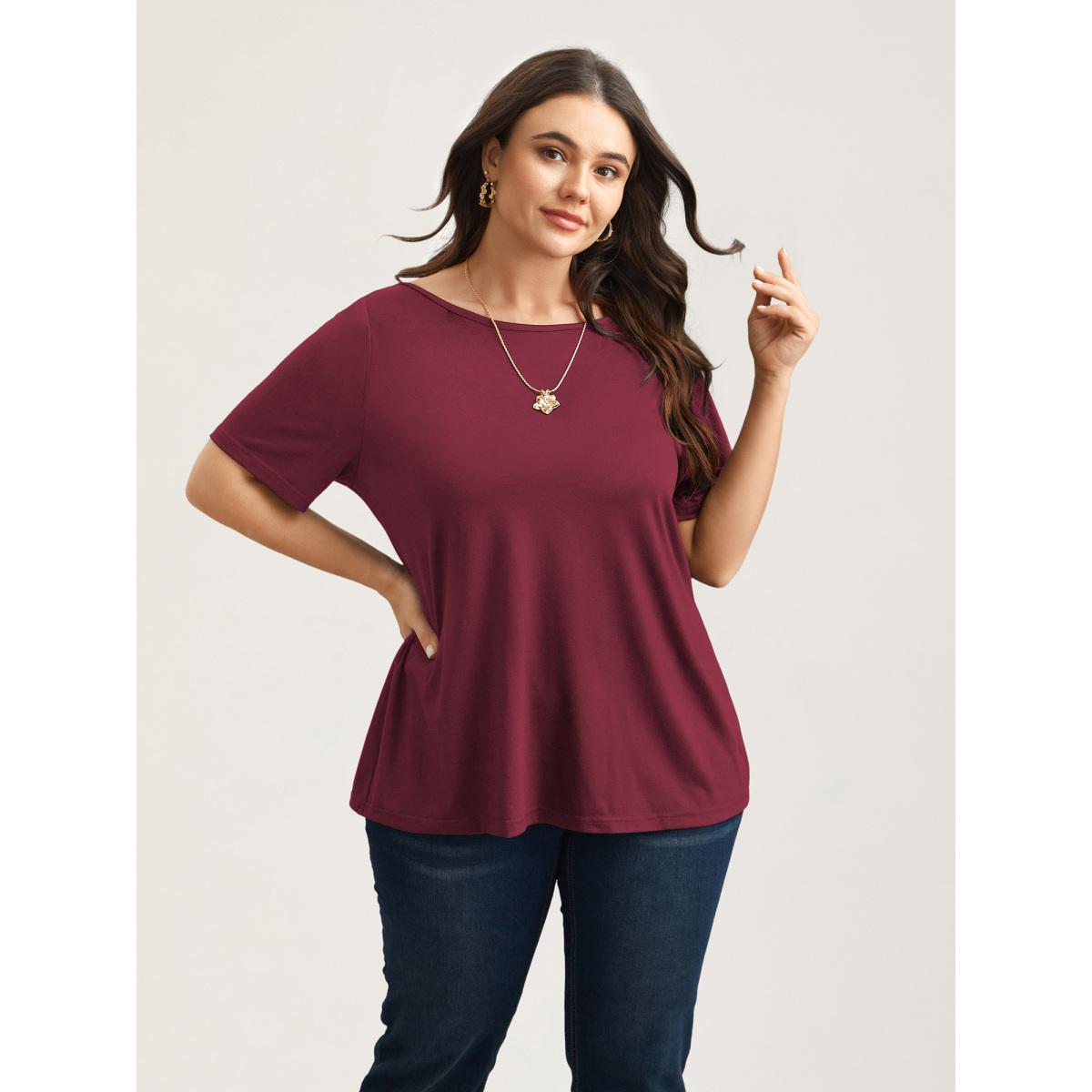 Plus Size Butterfly Back Stretchy Round Neck T-Shirt Indigo Women Leisure See through Round Neck Casual T-shirts BloomChic 12/L Product Image