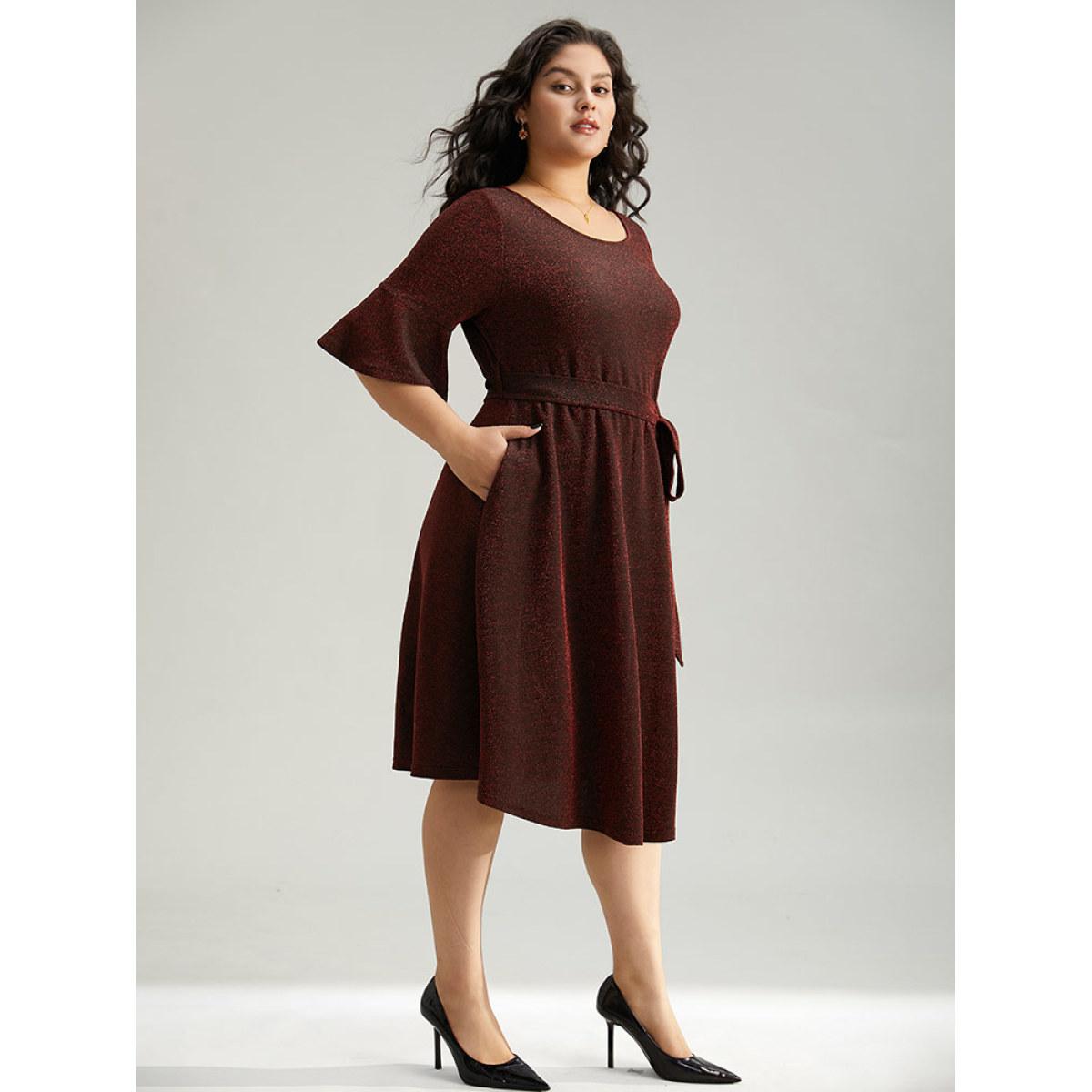 Plus Size Lurex Belted Flutter Sleeve Dress Raspberry Women Elegant Plain Round Neck Elbow-length sleeve Curvy Midi Dress BloomChic 14-16/1X Product Image