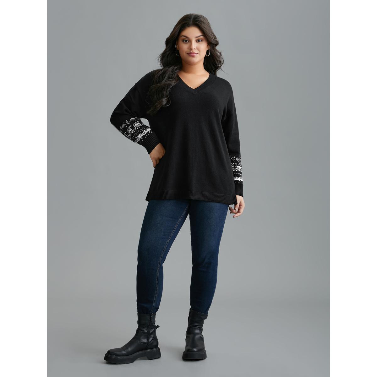 Plus Size Supersoft Essentials Jacquard Sleeve Side Slit Pullover Black Women Casual Loose Long Sleeve V-neck Everyday Pullovers BloomChic 12/L Product Image