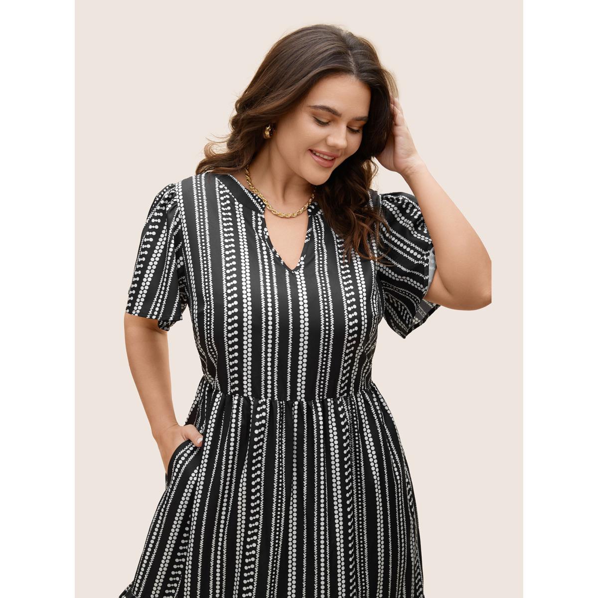 Plus Size Striped Elastic Waist Ruffle Sleeve Dress Black Women Work From Home Ruffles Flat collar with V-notch Short sleeve Curvy BloomChic 14-16/1X Product Image