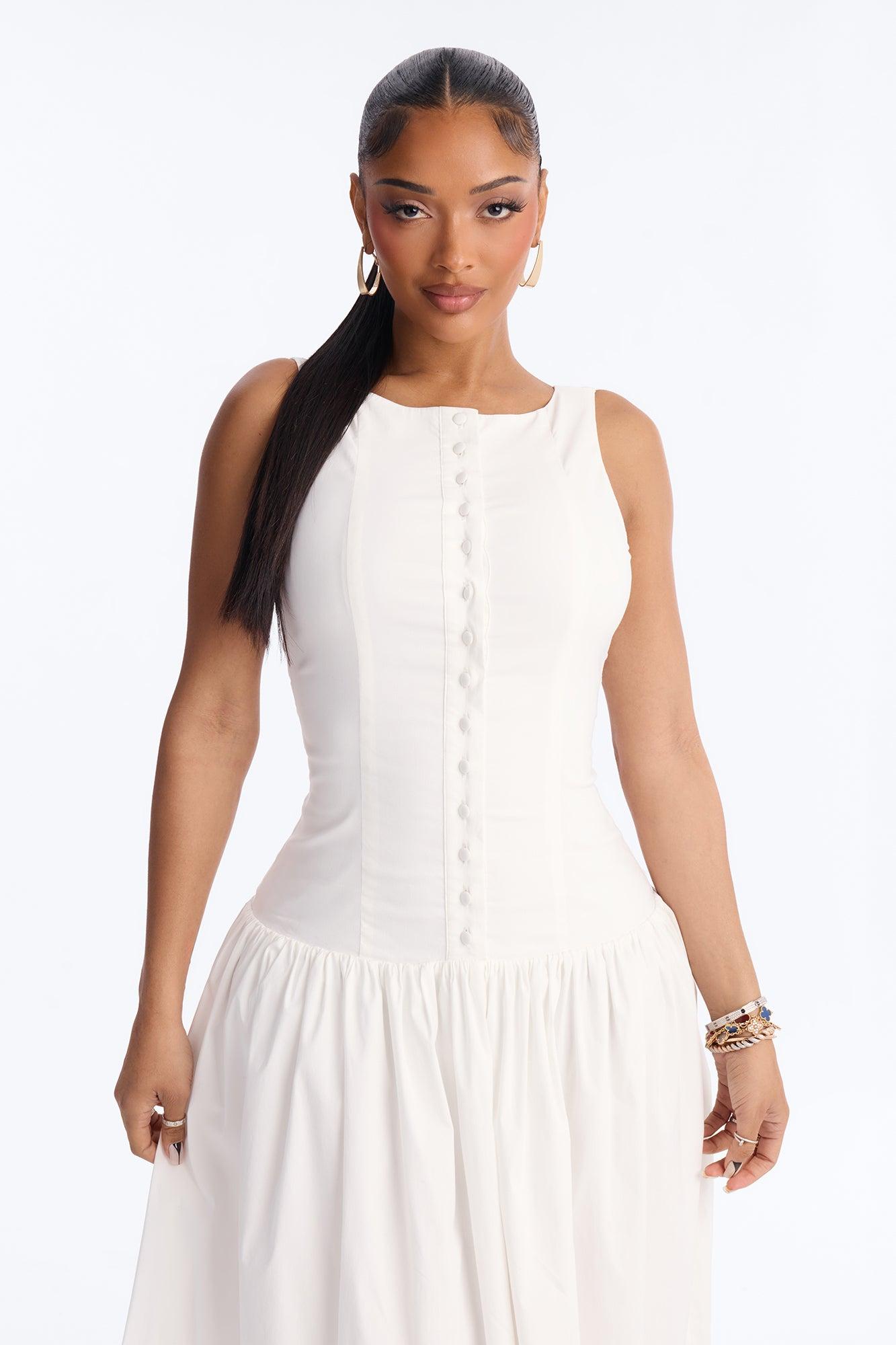 Everly Drop Waist Button Up Maxi Dress - White Female Product Image