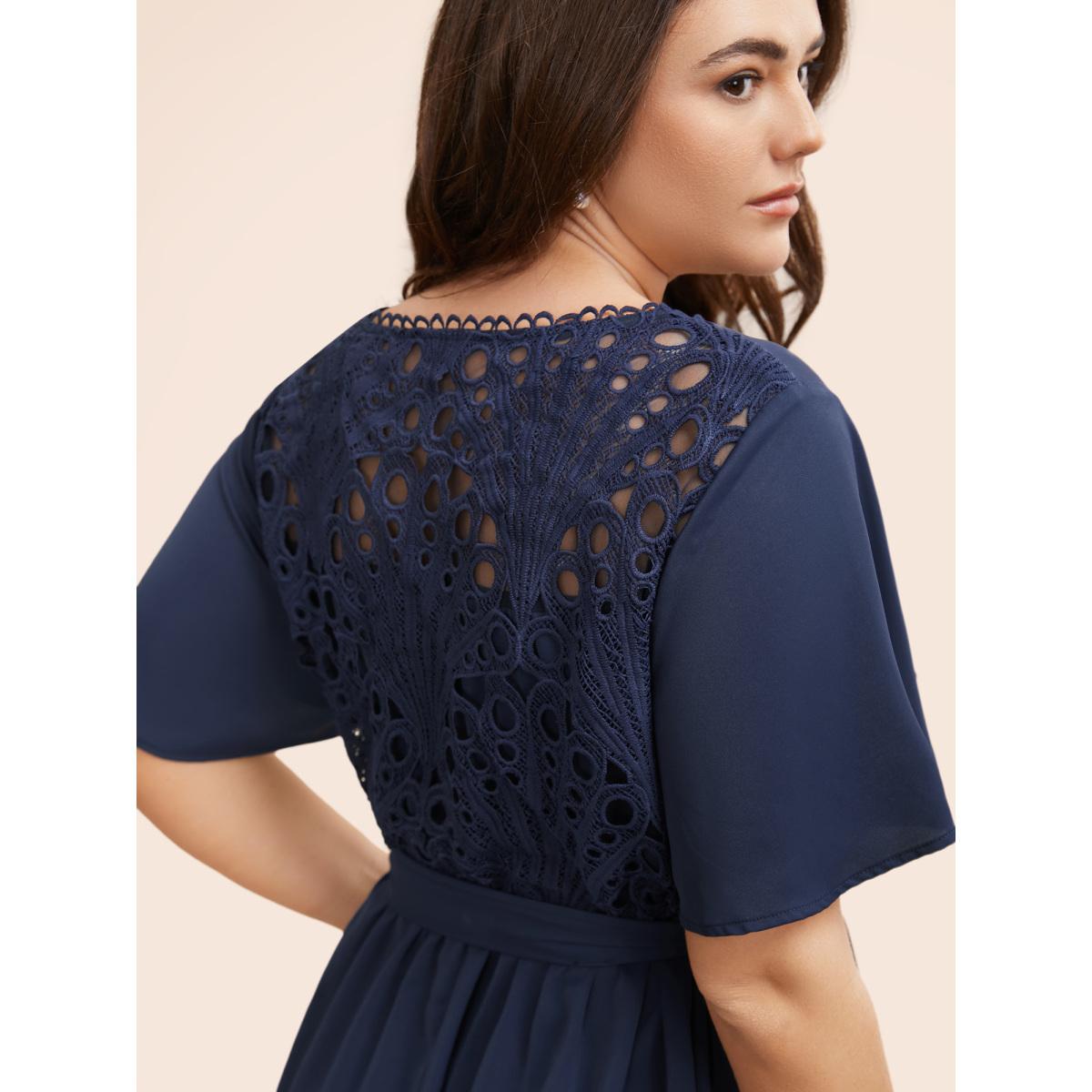 Plus Size Round Neck Lace Patchwork Ruffle Sleeve Dress DarkBlue Women Elegant Woven ribbon&lace trim Round Neck Short sleeve Curvy BloomChic 26/4X Product Image