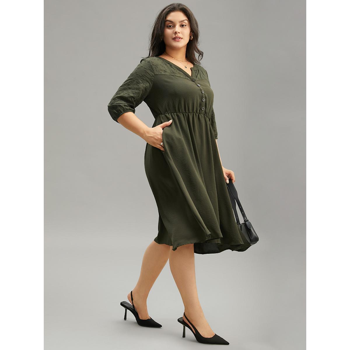 Plus Size Solid Notched Eyelet Patchwork Dress ArmyGreen Women Office Elastic cuffs Notched collar Elbow-length sleeve Curvy Midi Dress BloomChic 10/M Product Image
