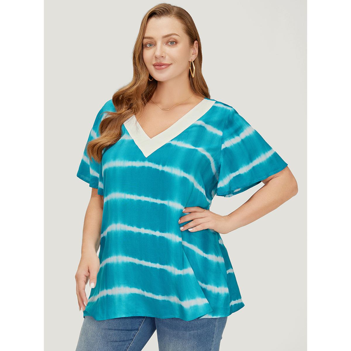 Plus Size Cerulean Tie Dye Contrast Trim Striped Blouse Women Vacation Short sleeve V-neck Dailywear Blouses BloomChic 22-24/3X Product Image